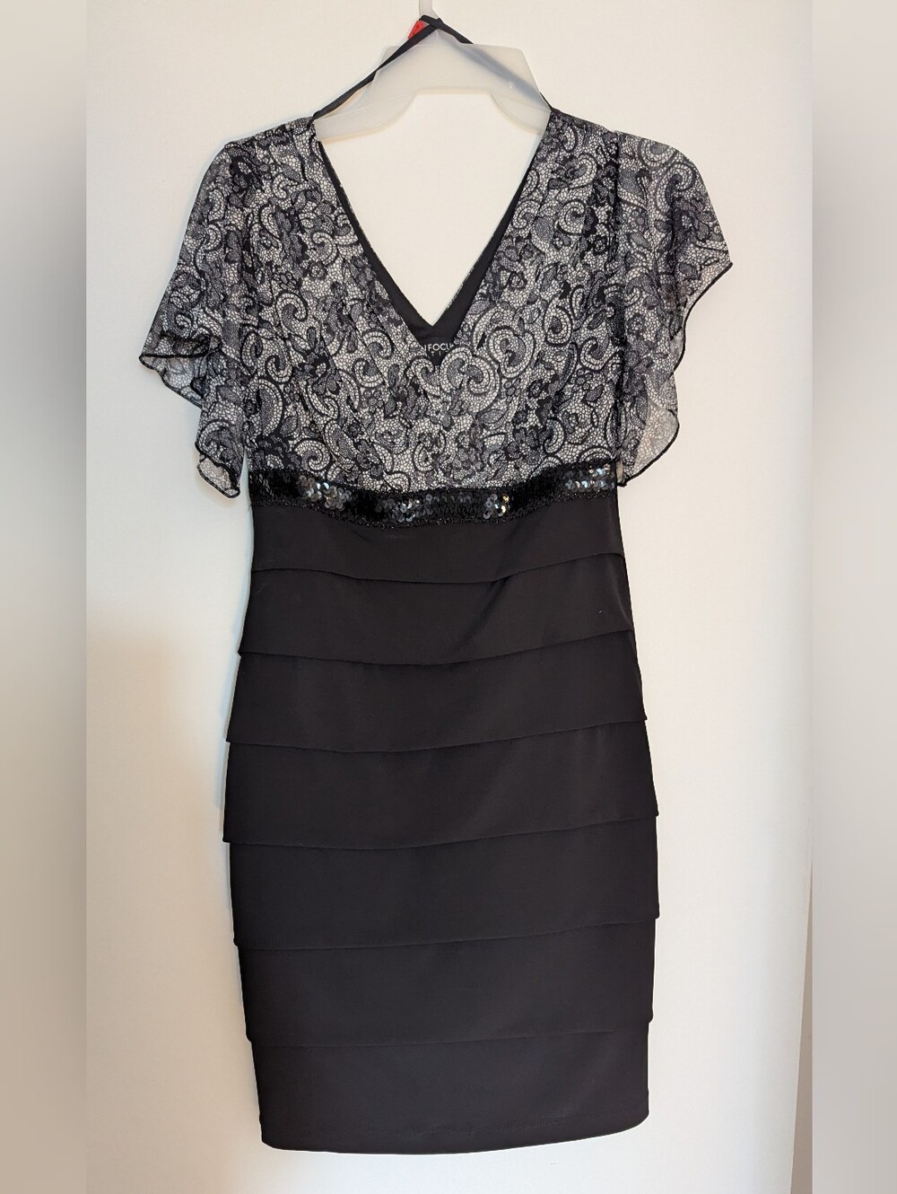 Enfocus Petite Black & Silver V-Neck Layered Midi Dress
